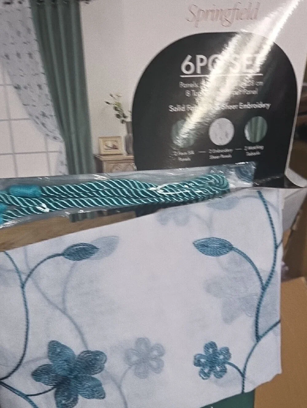 Teal Embroidered Sheer Curtain Panel Set